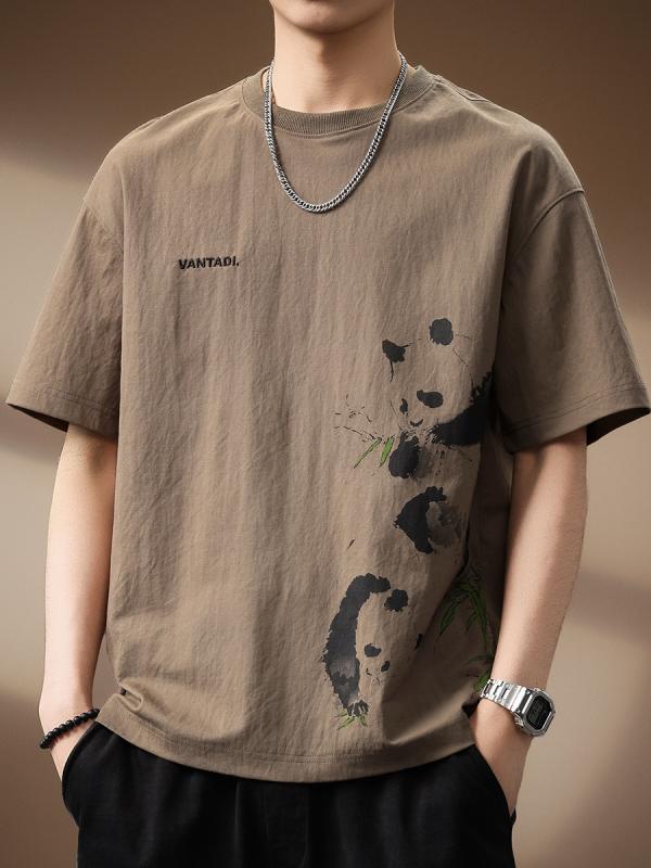 Tシャツ 男性用 リネン パンダ プリント 半袖 ゆったりサイズ ラウンドネック 薄手 通気性 吸湿性 ベージュ系