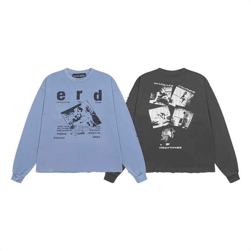 Tシャツ 男性用 コットン トップス 美式 ストリート レトロ プリント クルーネック 長袖 カットソー カジュアル 普段使い ルーズ ゆったり