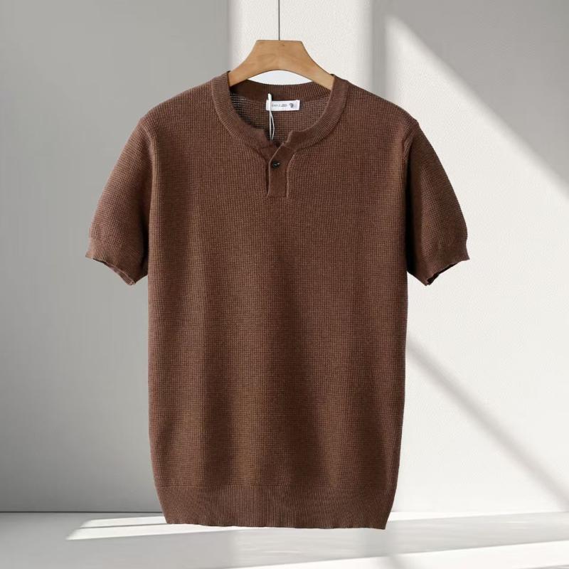 Tシャツ メンズ ヘンリーネック ニット 接触冷感 半袖 カットソー トップス 男性用 ストライプ柄 プルオーバー ゆったり カジュアル おしゃれ