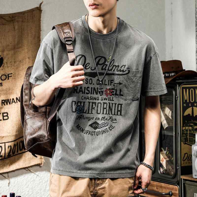 Tシャツ メンズ 男性用 半袖 アメカジ ビッグシルエット ウォッシュ加工 ラウンドネック リネン混紡 薄手 プリント 深灰 緑 ブラウン 灰緑 カーキ ブラック 黄色 浅灰 杏色｜Tanzan
