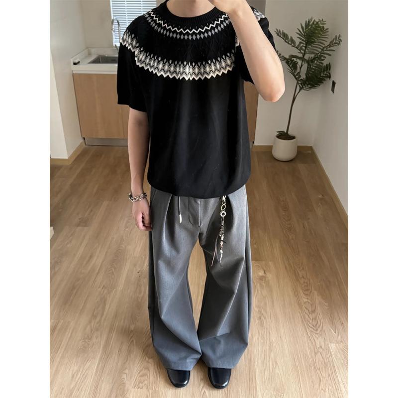 Tシャツ メンズ 美式 レトロ フィッシャーマン 半袖 ニット トップス 黒 ブラック ポリエステル ゆったり 春夏