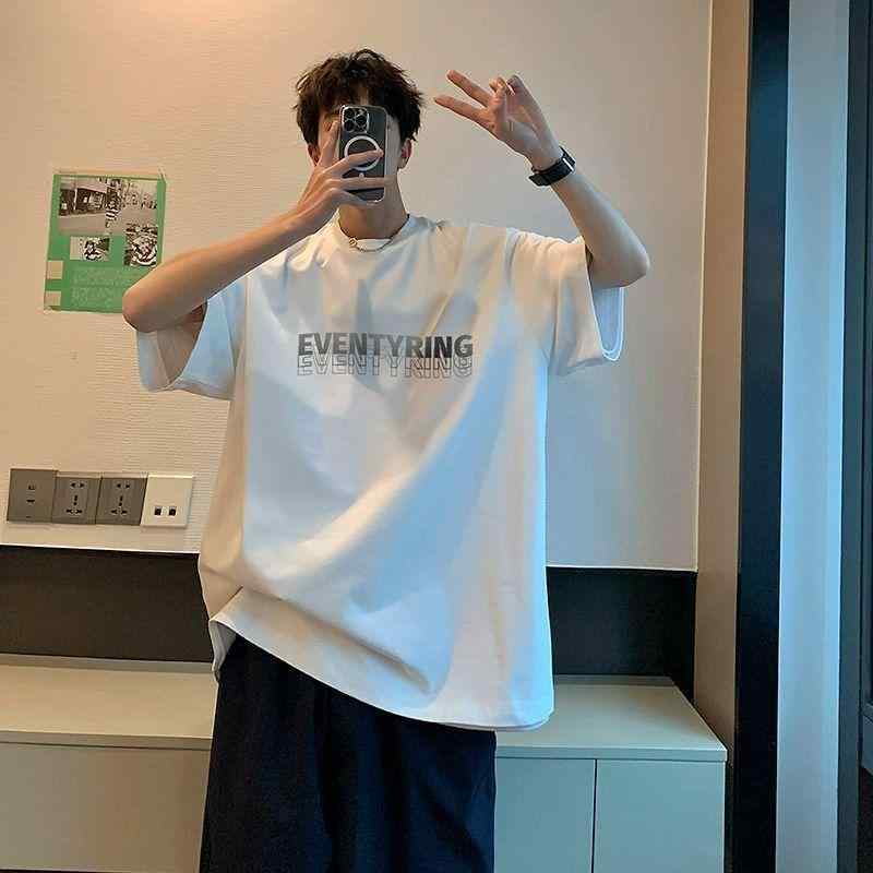 Tシャツ 男性用 ビッグシルエット コットン トップス 半袖 ラウンドネック ロゴプリント カジュアル ストリート アメカジ 普段使い ルームウェア