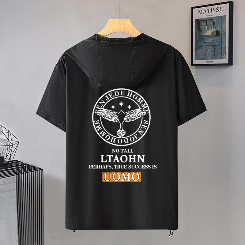 Tシャツ 男性用 大きいサイズ フード付き 半袖 ポリエステル 接触冷感 吸湿速乾 部屋着 普段使い ブラック系