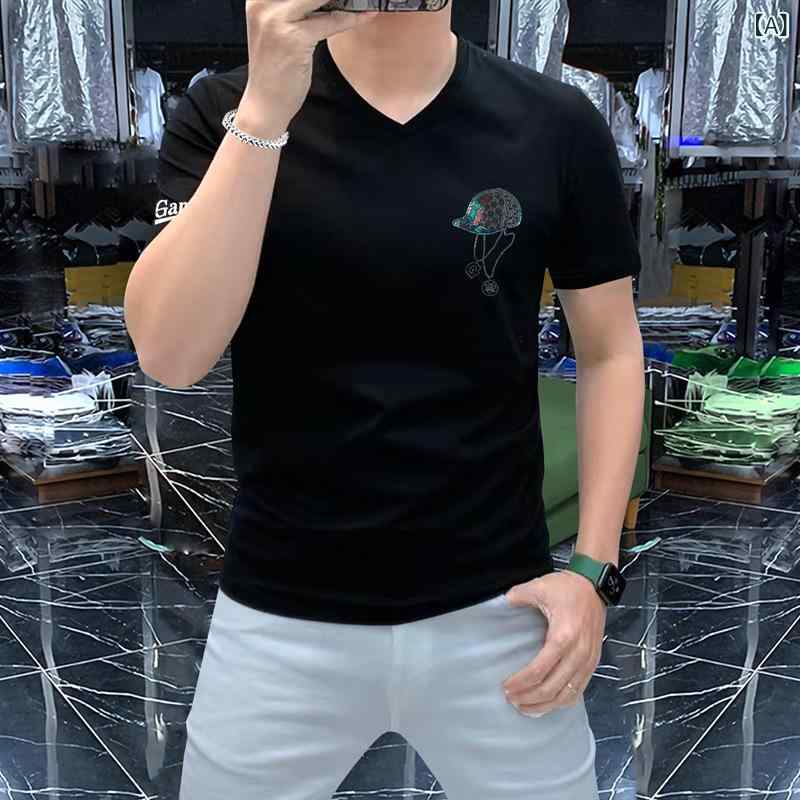 Tシャツ メンズ Vネック 半袖 トップス 男性用 コットン プリント 薄手 通気性 吸湿速乾 ブラック ホワイト レッド イエロー グリーン