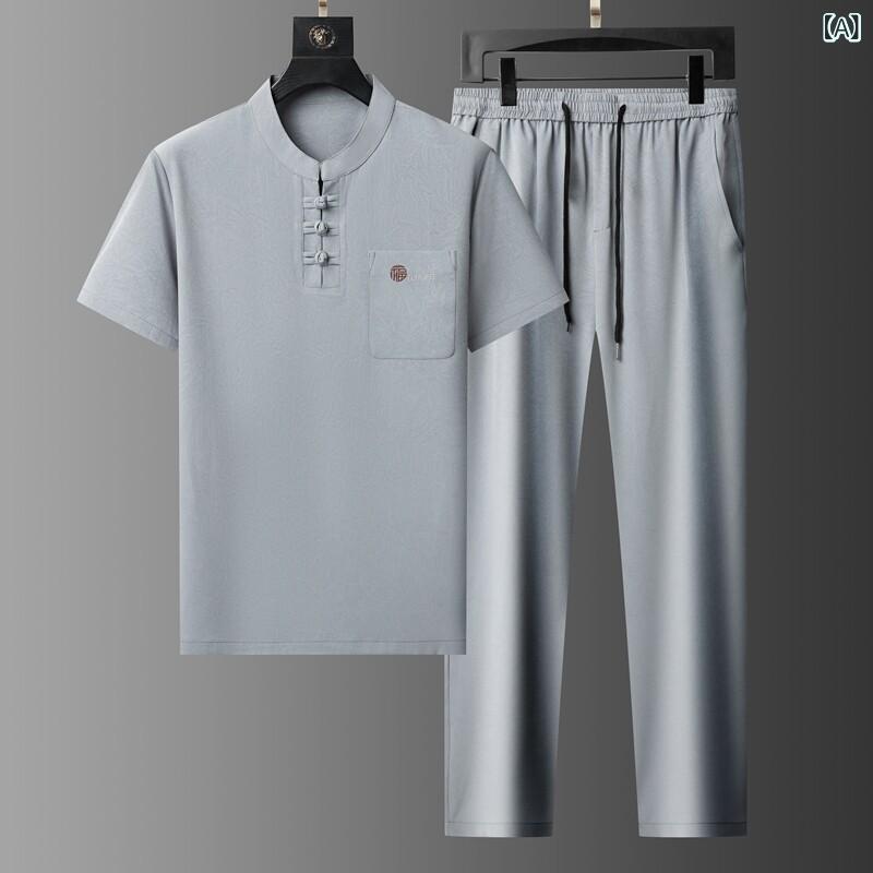 メンズ Ｔシャツ & パンツ セットアップ 部屋着 リラックスウェア 男性用 ポリエステル 吸湿速乾 接触冷感 中国風 夏