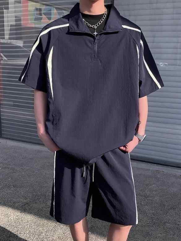 Tシャツ メンズ 男性用 半袖 ハーフジップ ショートパンツ 上下セット 接触冷感 薄手 部屋着 普段使い スポーツウェア ポリエステル ブラック ブルー グレー 4,312円