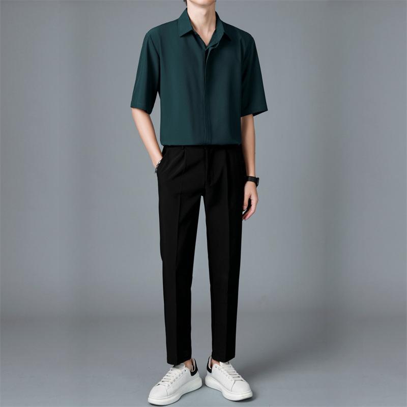 メンズ 紳士服 カジュアル セットアップ 接触冷感 5分袖 シャツ 長ズボン 上下セット 部屋着 ルームウェア カ key ライトカーキ ブラック ホワイト グリーン ブルー グレー