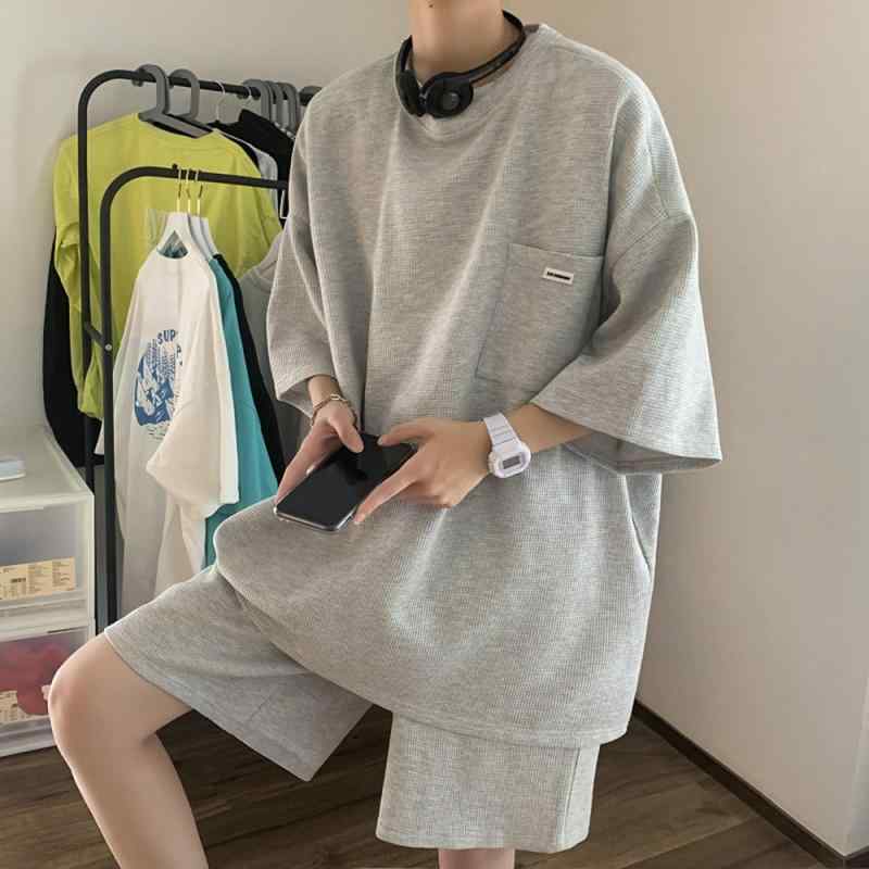 メンズ スポーツウェア Tシャツ 短パン セットアップ 男性用 ハーフパンツ ワッフル 接触冷感 部屋着 グレー ブラック オレンジ