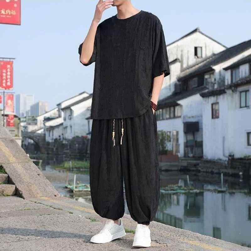 メンズ 漢服 セットアップ 春夏 薄手 半袖 Tシャツ ロングパンツ 上下セット 男性用 普段使い 部屋着 綿混紡 ブラック ダークグレー