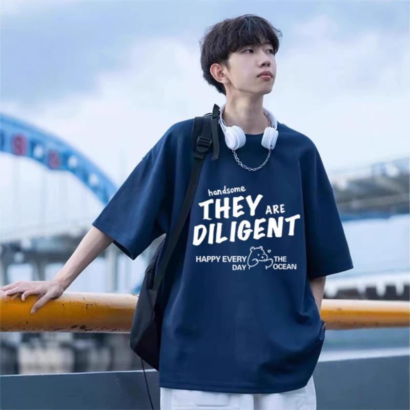 Tシャツ 男性用 綿100％ 半袖 トップス ルーズフィット プリント ブラック ホワイト 杏色 ダークグレー ネイビー ワインレッド カジュアル 普段使い