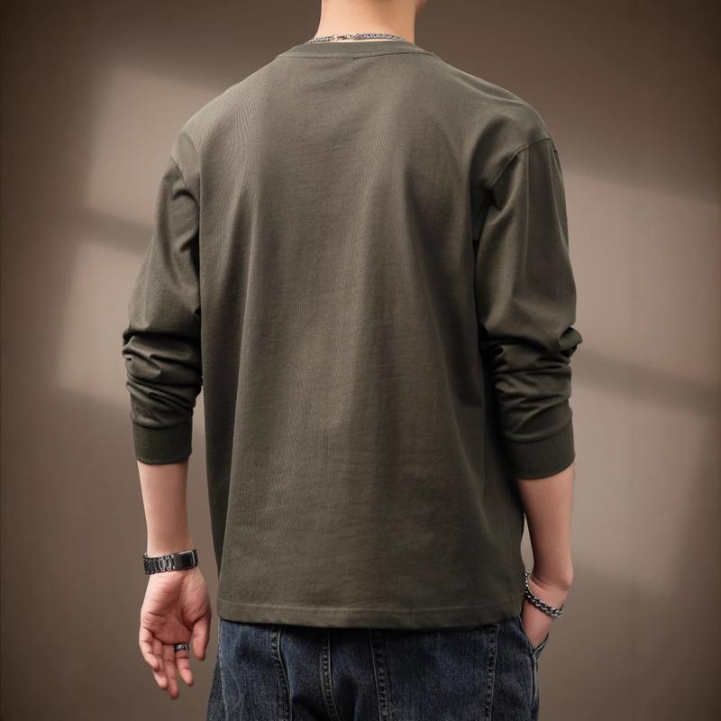 Tシャツ メンズ 春秋 長袖 コットン 刺繍 ラウンドネック プルオーバー ゆったり ミリタリーグリーン ブラック ダークグレー