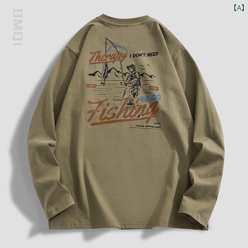 Tシャツ メンズ 男性用 長袖 ビッグシルエット ラウンドネック トップス カットソー 純綿100% コットン ゆったり 大きめサイズ カジュアル ストリート アメカジ 秋服