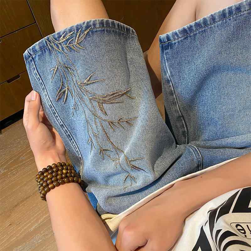 デニム メンズ ハーフパンツ 刺繍 ウォッシュ加工 5分丈 ワイドパンツ 復古 中華風 ポリエステル ブルー ブラック 夏