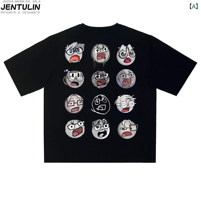 Tシャツ 男性用 スマイルプリント コットン トップス 半袖 カットソー アメカジ 古着風 ストリート 普段使い ブラック