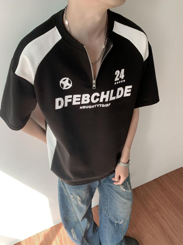 Tシャツ メンズ 男性用 美式 レトロ ストリート ゆるい 切り替え 配色 半袖 ポリエステル ブラック グレー