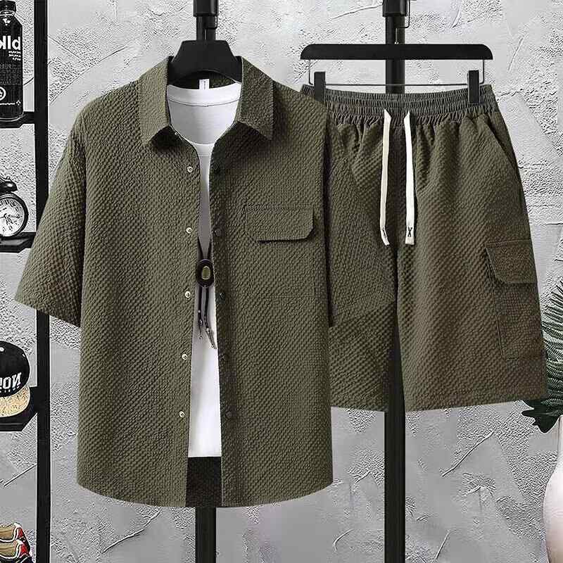 セットアップ メンズ 男性用 5分袖シャツ ショートパンツ 薄手 接触冷感 ポリエステル混紡 春夏 カジュアル 部屋着 ブラック カーキ ワインレッド グリーン