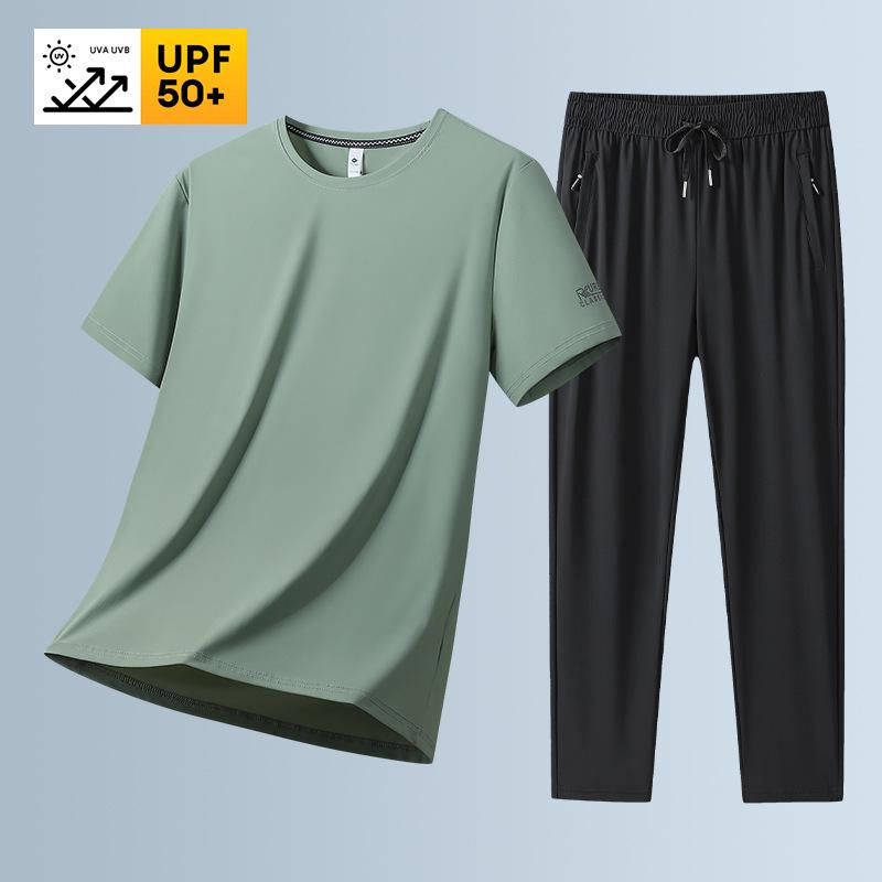 メンズ スポーツウェア 速乾性Tシャツ & ロングパンツ 上下セット 男性用 運動着 接触冷感 夏 ファッション カジュアル 普段使い 薄手 大きいサイズ ブラック ホワイト グリーン グレー カーキ