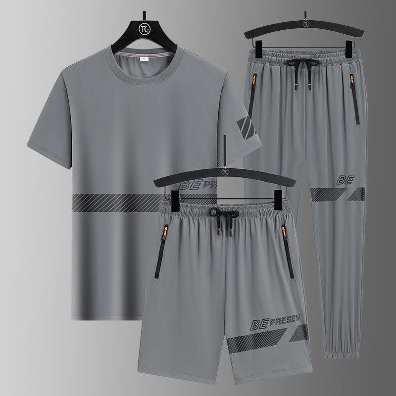 セットアップ メンズ 薄手 半袖Tシャツ&長ズボン&ハーフパンツ 3点セット 男性用 運動着 部屋着 ルームウェア スポーティ カジュアル 接触冷感 伸縮性 夏
