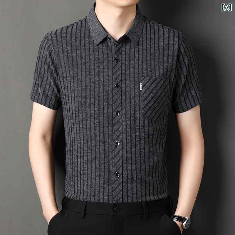 シャツ メンズ 半袖 20代 30代 40代 ストライプ柄 襟付き 真ポケット 薄手 接触冷感 桑蚕糸混紡 開襟シャツ