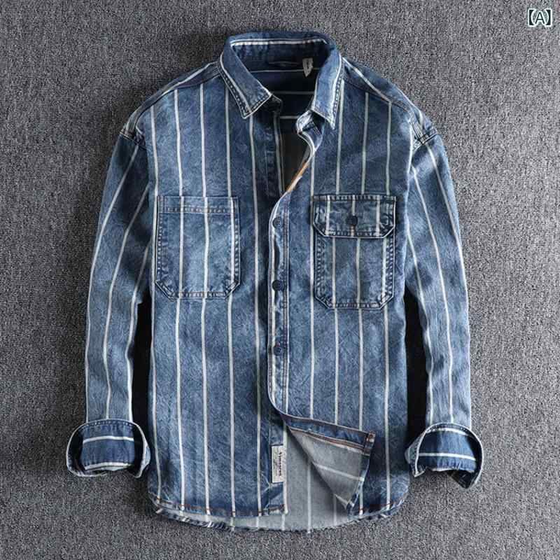 シャツ 男性用 ウォッシュ加工 美品 レトロ ストライプ柄 長袖 コットン ワークシャツ ブルゾン 浅ブルー 深ブルー 6,422円