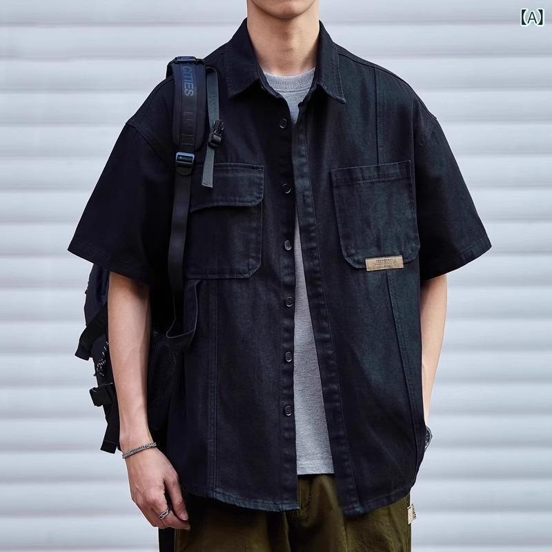 シャツ メンズ 男性用 トップス 半袖 コットンブレンド ワークシャツ レトロ オーバーサイズ カジュアル 普段使い ブラック 黒 グレー 灰色 ブラウン 茶色