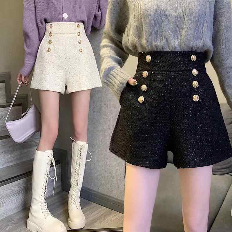 ショートパンツ レディース 韓国風 ワイドレッグパンツ 高腰 粗・希 ダブルブレスト 厚手 キュロット ブラック ベージュ S M L XL XXL
