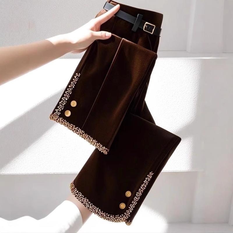 パンツ レディース 秋冬 ベルベット ストレートパンツ ハイウエスト 裏起毛 あったか ワイドレッグパンツ ポリエステル 通勤 きれいめ 伸縮性 普段使い S M L XL ブラウン系 ブルー