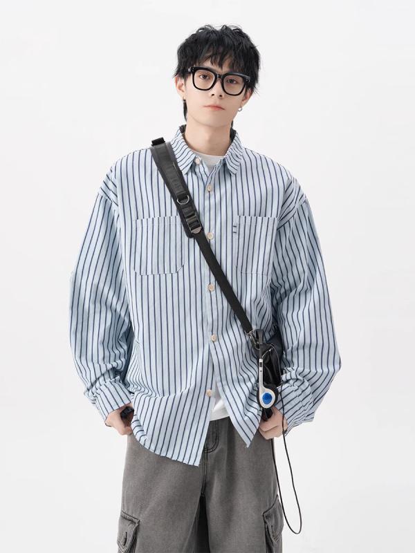シャツ 男性用 長袖 日系 レトロ ストライプ柄 ポリエステル 襟付き カーディガン ゆったり 春秋