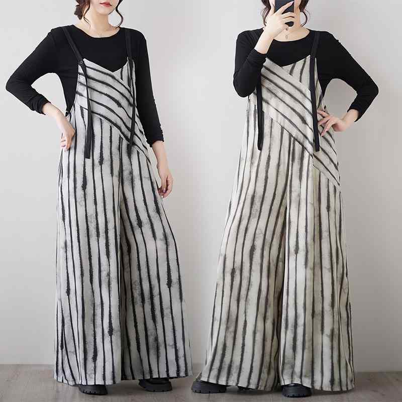 サロペット レディース 春夏 オーバーオール ストライプ ワイドレッグパンツ ゆったり カジュアル ミルクティー ベージュ系