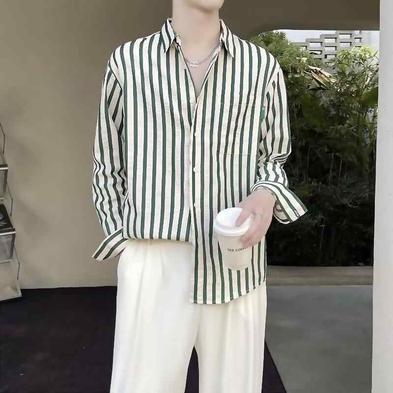 シャツ メンズ 男性用 トップス 長袖 襟付き ストライプ柄 薄手 ポリエステル 合体型 カジュアル カーキ色 ブラック 黒色 グリーン 緑色 春夏 秋冬