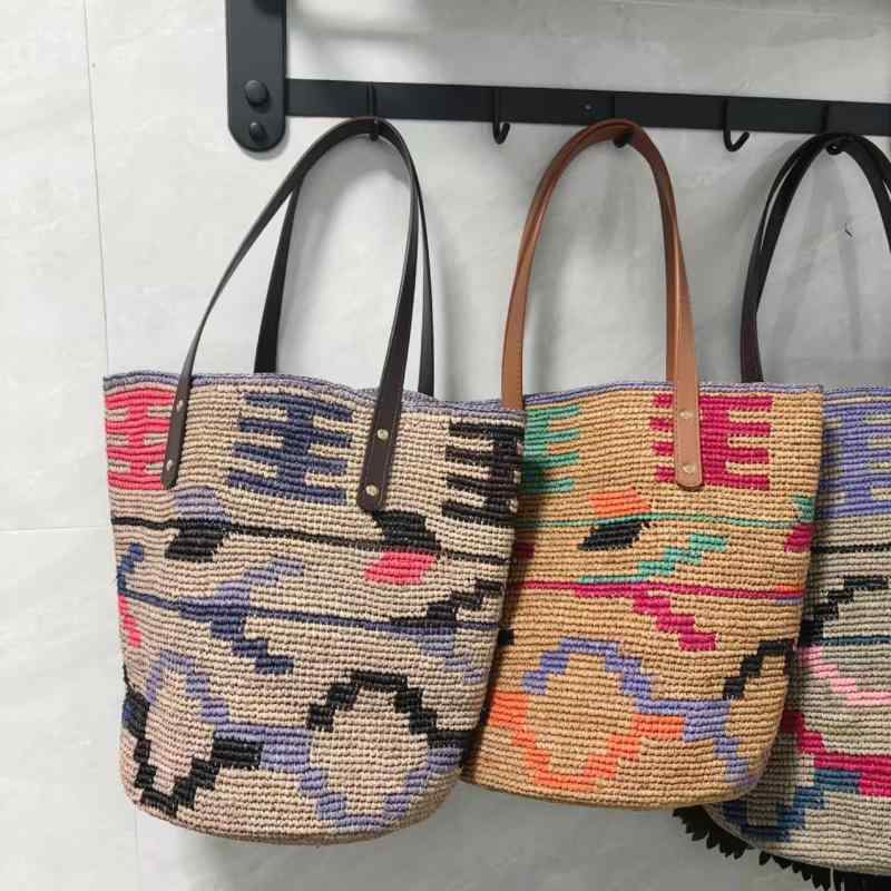 かご御徒面子 レディース 手編み 草編み トートバッグ 心地好い 旅する ショルダーバッグ 大静電容量 ベージュ系 派手
