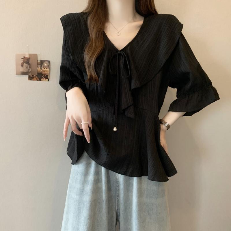 ブラウス レディース フリル Vネック シフォン 半袖 大きいサイズ ゆったり 体型カバー フレンチデザイン 夏 大人カジュアル きれいめ 白 黒 高級感
