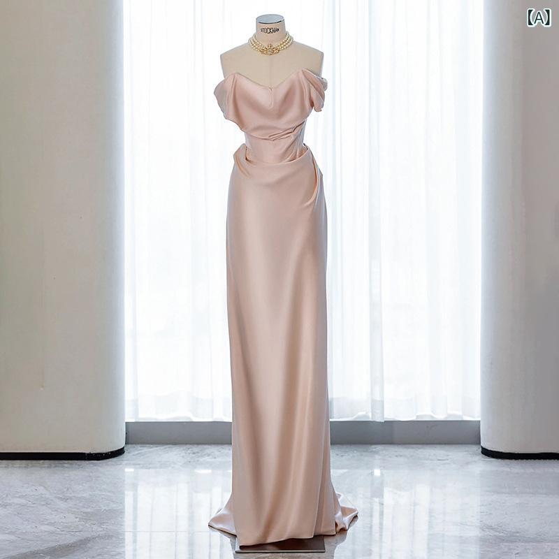 ピンクの ドレスの 肩の フランスの シンプルな サテンの小 衆の 朝の 服の 気質の 宴会の名 媛の 婚約の 敬 酒 服の 女性｜Tanzan