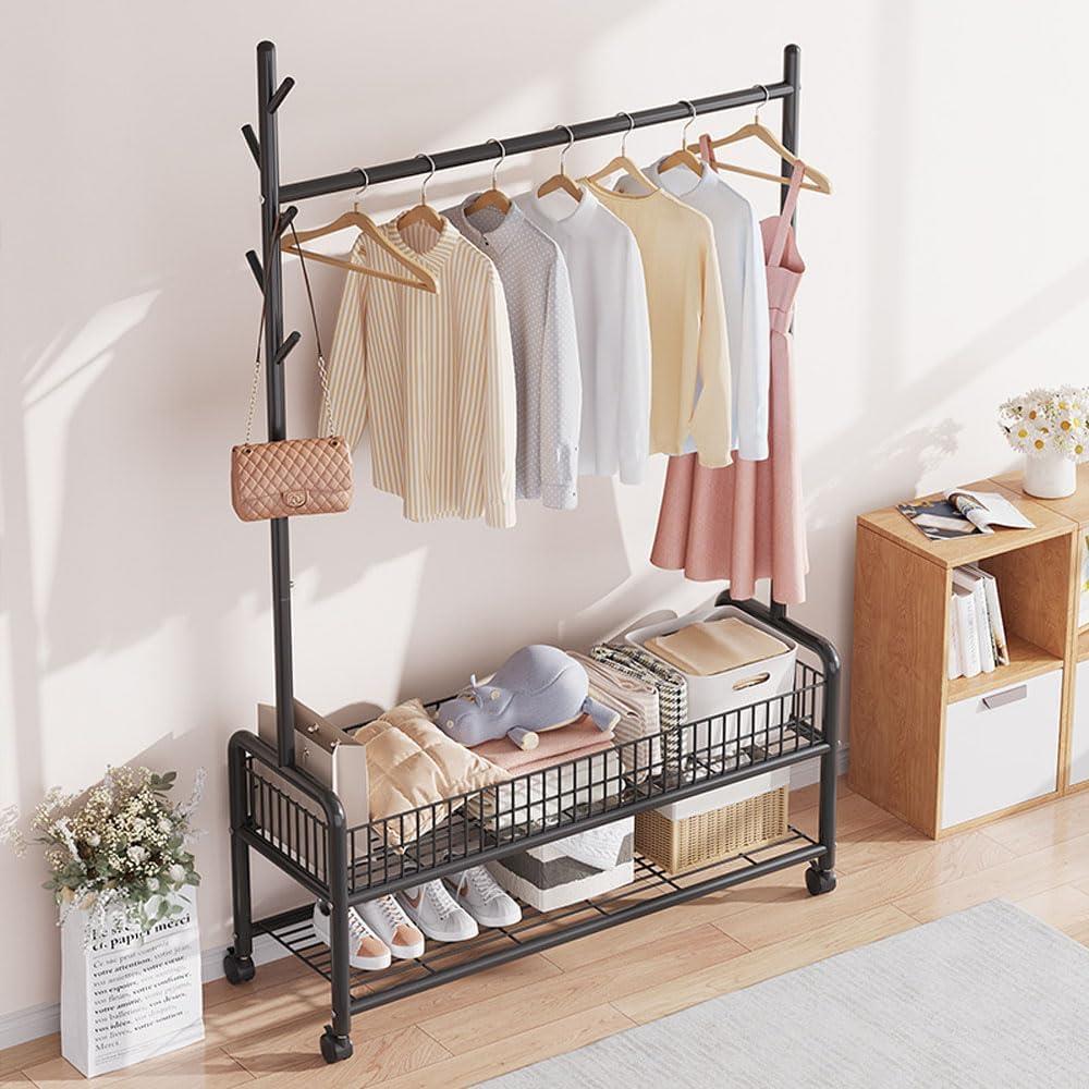 LNYCJP ハンガーラック 2メッシュ棚付き パイプハンガーラック 洋服ラック コートラック 衣類ラック 洋服掛け 組立簡単 防サビ 防水 耐腐食性 物干しスタンド 高耐荷重 頑丈 梅雨対策 キャスター 幅90×奥行35×高さ176cm (ブラック)