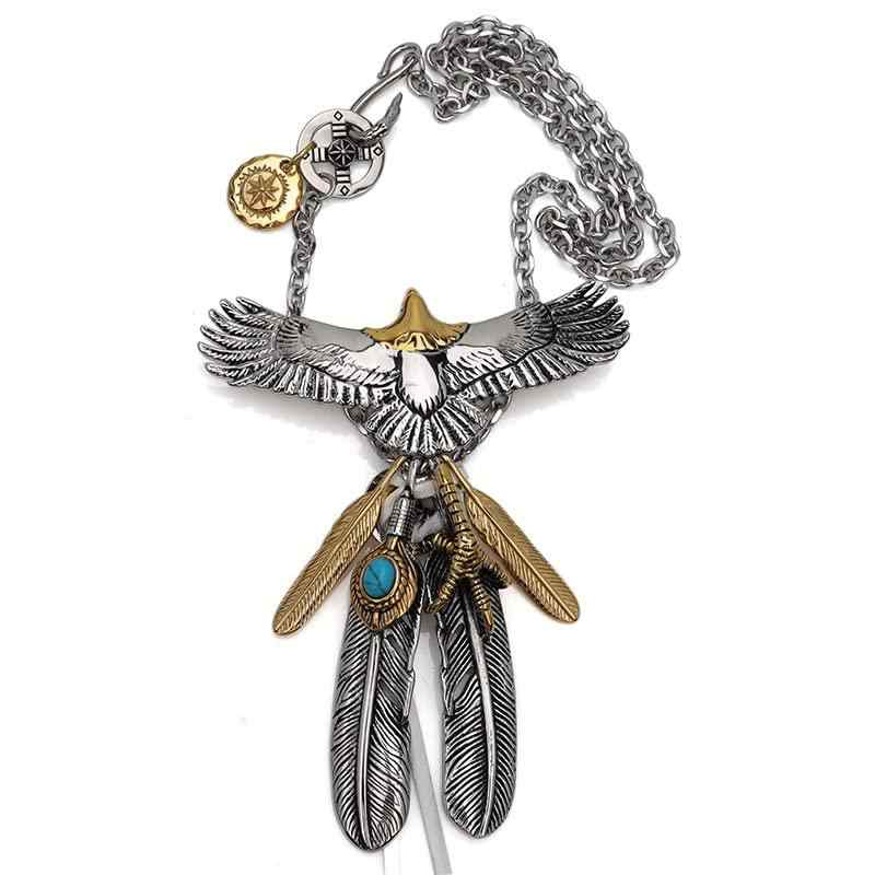 [silver KYASYA]316L 特大 頭金 イーグルネックレス 豪華カスタム ターコイズ フェザーネックレス ペンダント シルバー 羽根 金 ゴールド 太陽 金爪 専用BOX付属