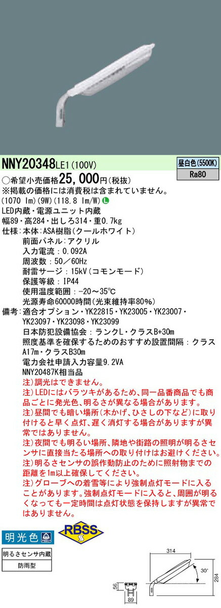 評価 明るさセンサー内蔵 NNY20348LE1 LED防犯灯 パナソニック 10VA 防犯関連グッズ