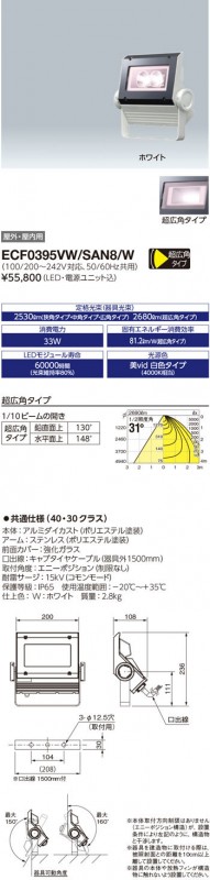 ECF0395VW/SAN8/W 岩崎電気 LED投光器(33W、超広角、白色)