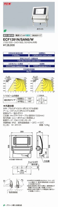 ECF1391N/SAN8/W 岩崎電気 LED投光照明器(130W、超広角、昼白いこと)