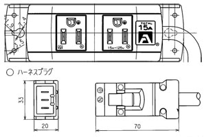 KC1096 アメリカン電機 マルチユースOAタップ 平刃形×2（ハーネス、3m、125V）