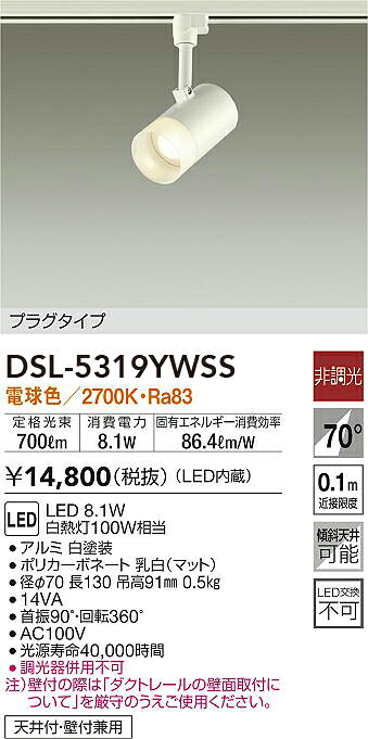 DSL-5319YWSS 大光電機 配線ダクト用LEDスポットライト 電球色