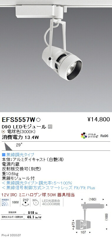 EFS5557W 遠藤照明 DUAL注目の的 D90手合い 3000K 白熱電球色 広角 Fit