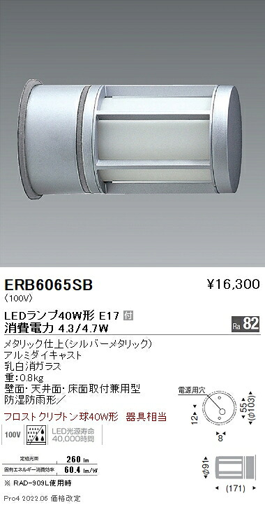 ERB6065SB 遠藤照明 アウトドアブラケットライト かばい立て付 φ100 E17【照明ランプ別売】