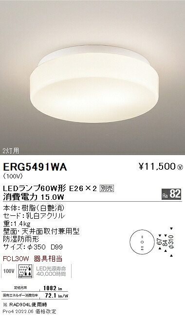 ERG5491WA 遠藤照明 アウトドアシーリングライト φ350 白 2700K E26×2【ランプ別売】