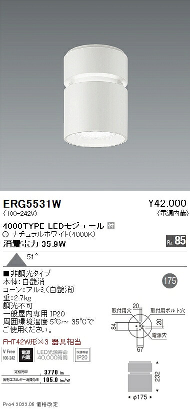 ERG5531W 遠藤照明 Ｒｓ 最高限度ともし火 Ｒ４０００印字機 ４０００Ｋ