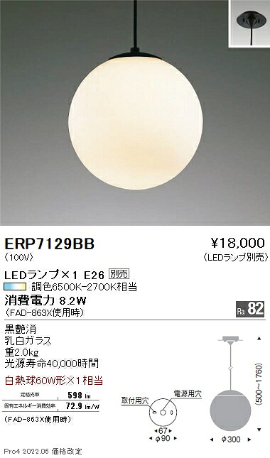 ERP7129BB 遠藤照明 ペンダント【ランプ別売】｜タロトデンキ