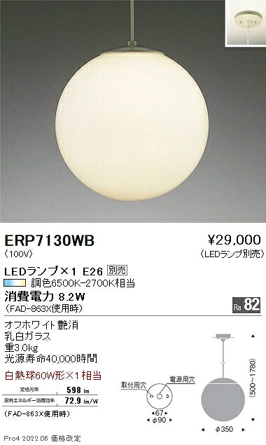 ERP7130WB 遠藤照明 ペンダント【ランプ別売】|タロトデンキ