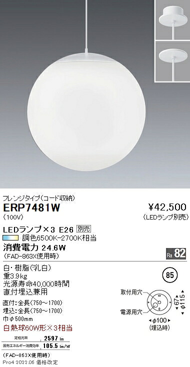 ERP7481W 遠藤照明 ペンダント フランジ【ランプ別売】