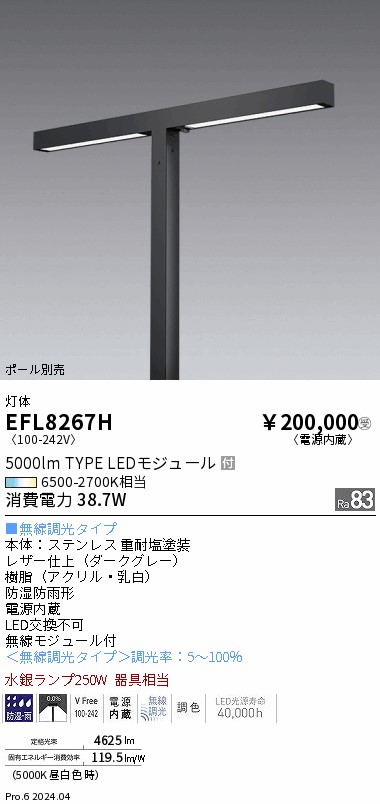 EFL8267H 遠藤照明 Tunable角型ポール灯 2灯用【灯具のみ】【ポール別売】