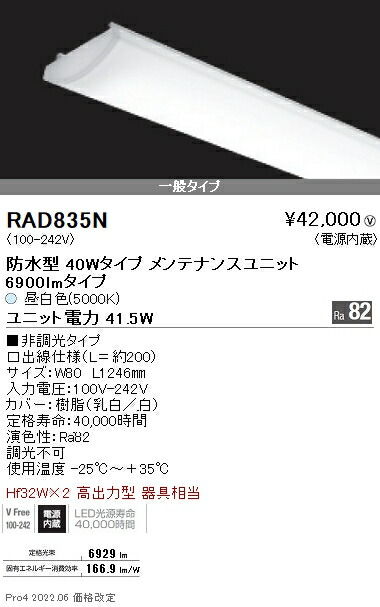 RAD835N 遠藤照明 軒下ＳＯＬＩＤ ４０Ｗ×２灯 ６９００ｌｍ ５０００Ｋ