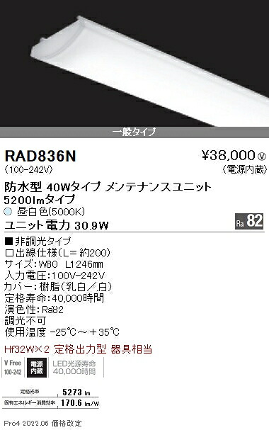 RAD836N 遠藤照明 軒下ＳＯＬＩＤ ４０Ｗ×２灯 ５２００ｌｍ ５０００Ｋ